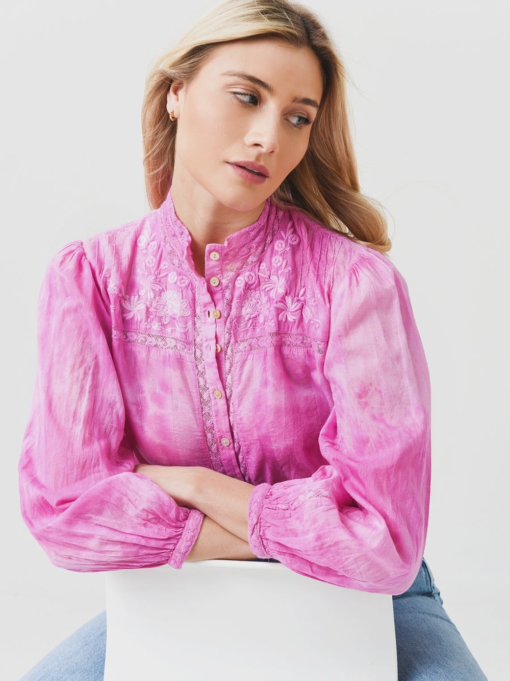 LoveShackFancy Ronda Top Pink Embroidered Lace Boho Blouse XS